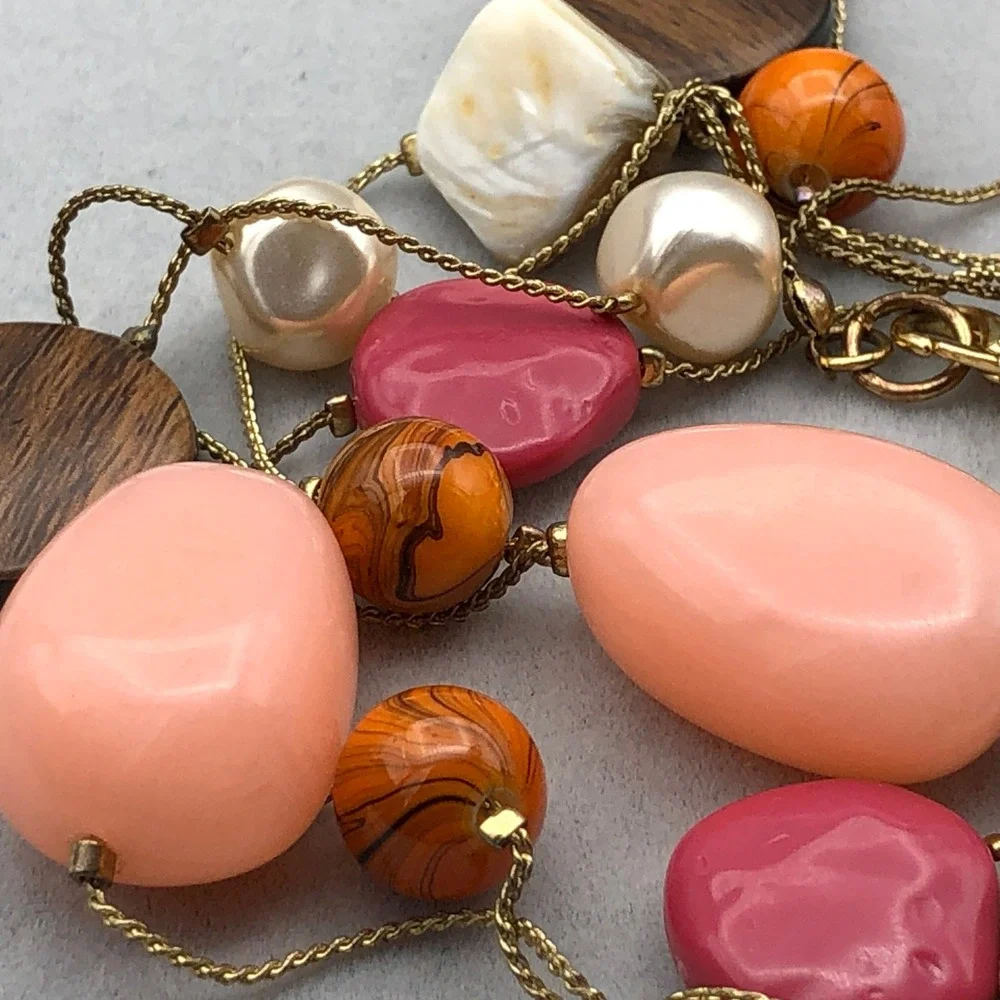 Long Beaded Station Necklace 48 in Multicolor Pearl Wood Glass Acrylic Gold Tone